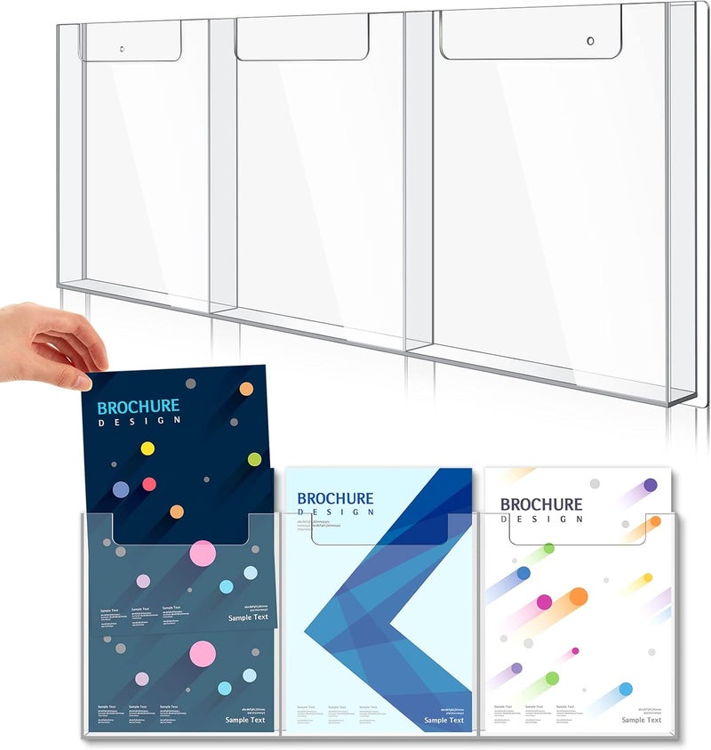 Sherr 2 Pcs Acrylic Brochure Holder Wall Mount, 8.5 x 11 Inches Clear Hanging Flyer Display Holder Plastic Pamphlet Stand for Magazine, Booklet, Bookmark (Three-slot) - Image 1